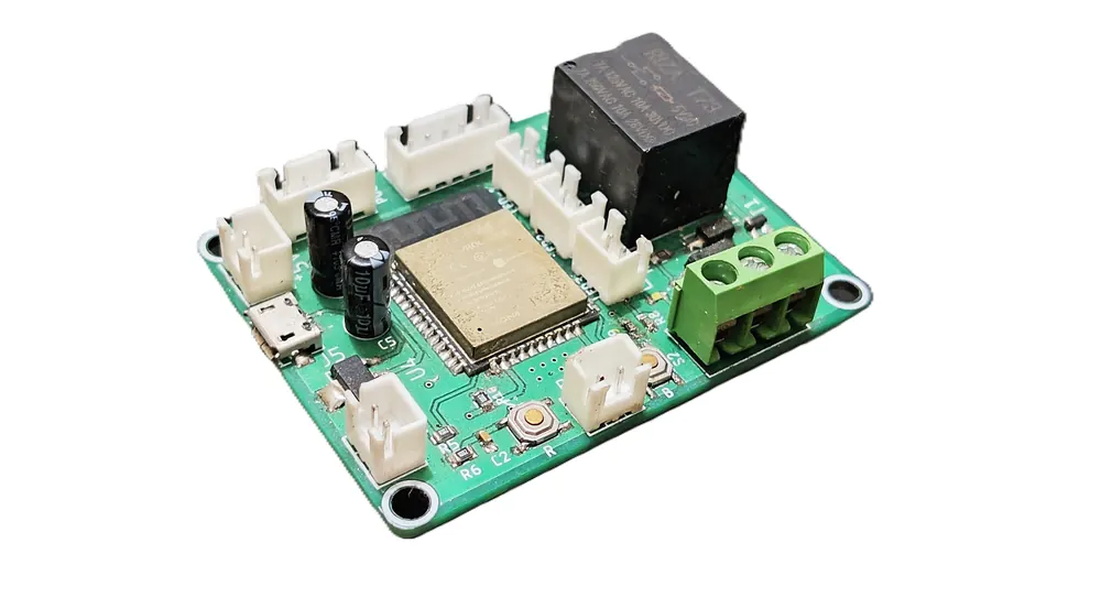Assembled PCB combining SMT components with a through-hole terminal block